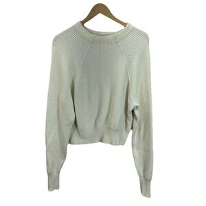 Free People S Cream Ribbed Knit Cropped‎ Pullover Oversized Sweater Slouchy